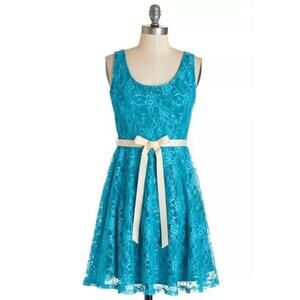 Teal Blue Lace A-Line Party Dress with Ivory Sash by Yellow Star from Modcloth